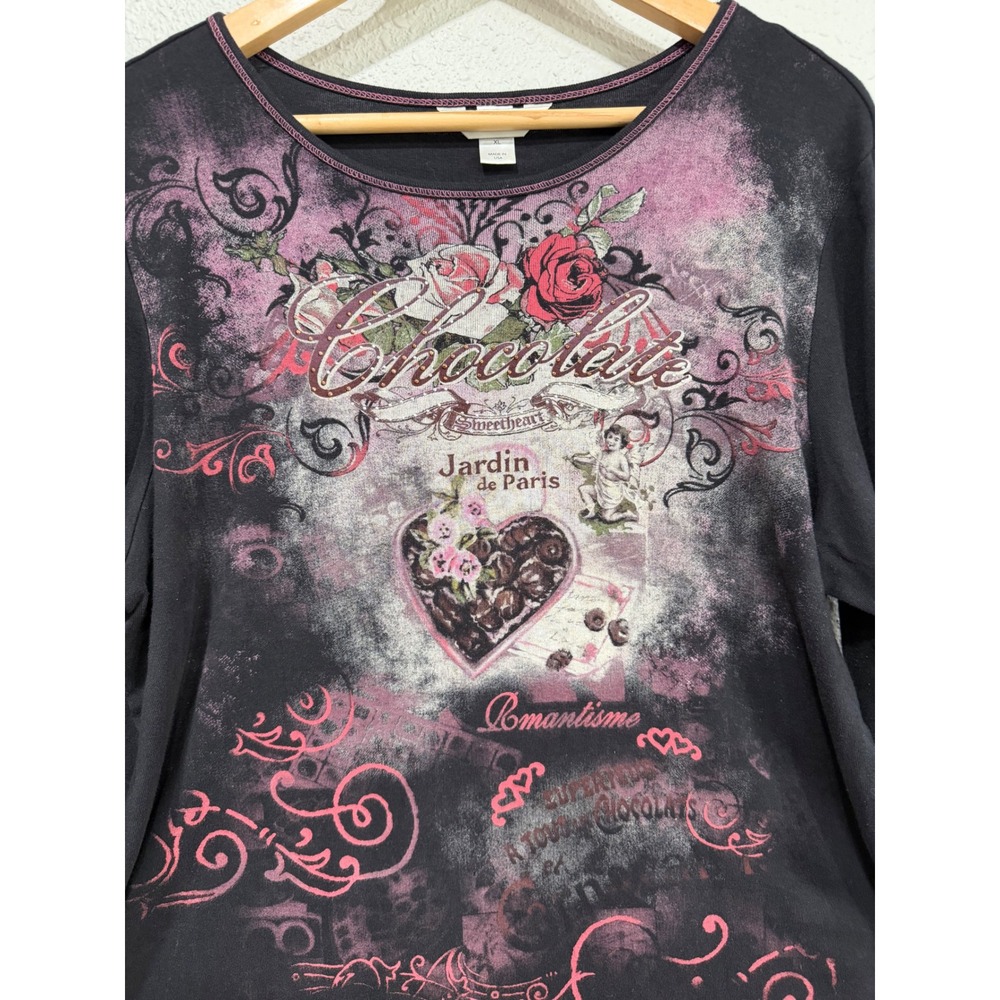 VTG Y2K Chocolat Paris Graphic Top XL Bling Lorelai Gilmore Romantic Grunge